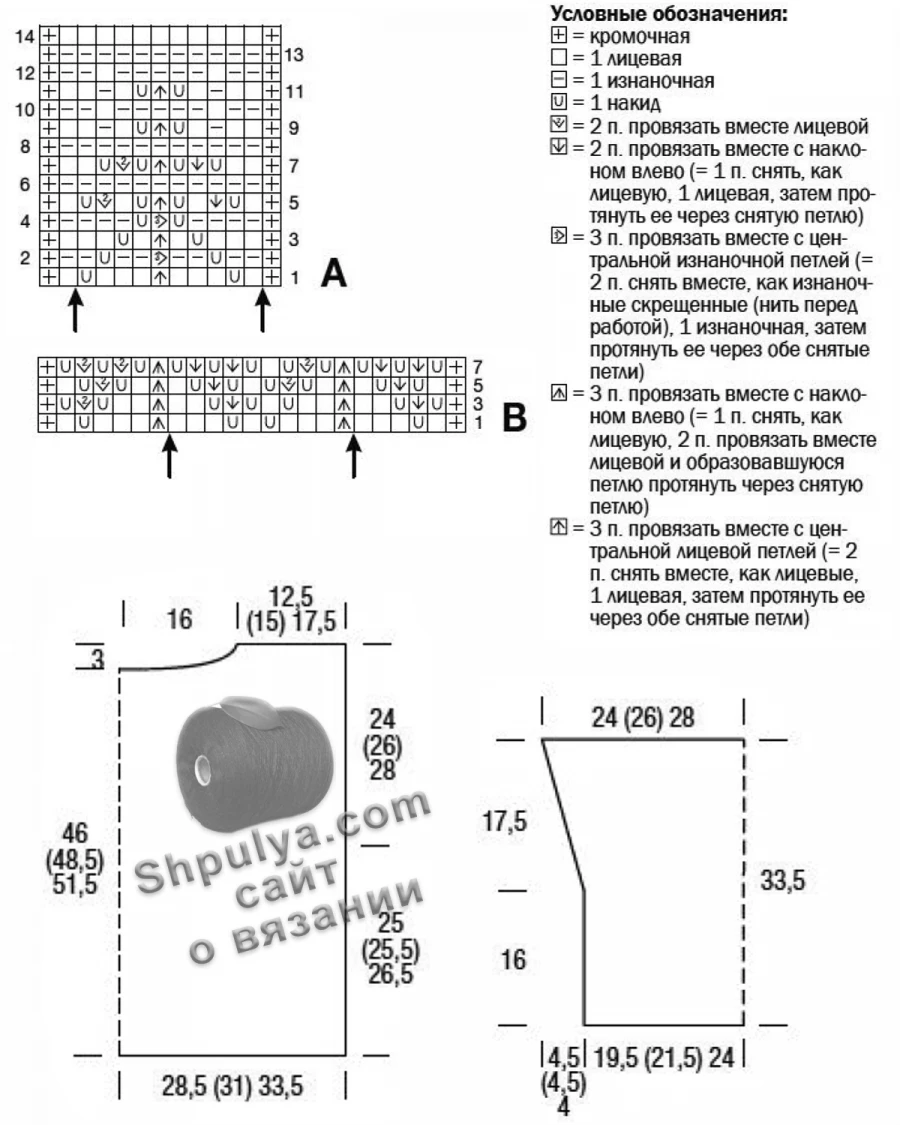 Выкройка и схема вязания ажурного пуловера