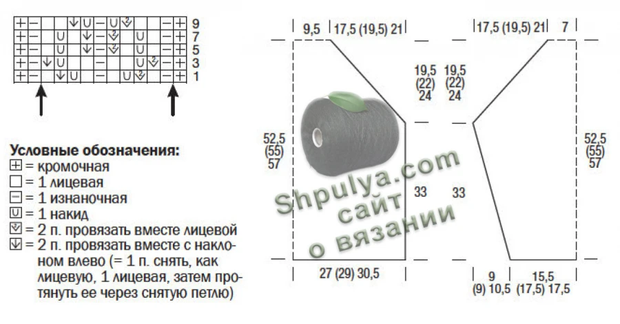 Выкройка и схема вязания ажурного пуловера